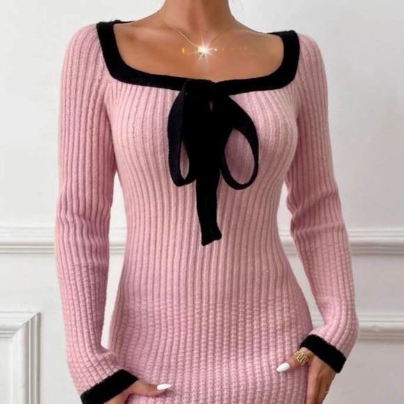 Elegant Bow Ribbon Sweater Dress. - Picture 4 of 16